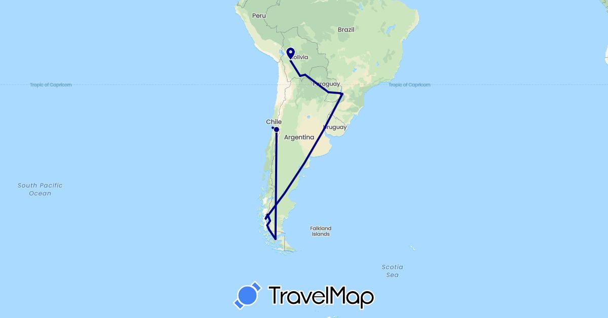 TravelMap itinerary: driving in Argentina, Bolivia, Brazil, Chile, Paraguay (South America)